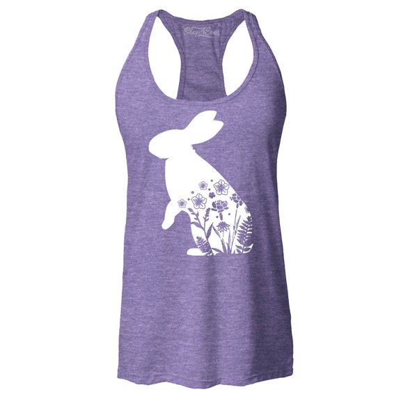 Shop4Ever Women's Easter Bunny Rabbit with Spring Flowers  Racerback Tank Top Medium Purple