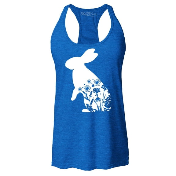 Shop4Ever Women's Easter Bunny Rabbit with Spring Flowers Racerback Tank Top Medium Royal Blue