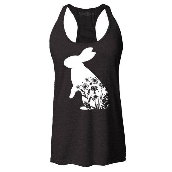 Shop4Ever Women's Easter Bunny Rabbit with Spring Flowers  Racerback Tank Top Small Black