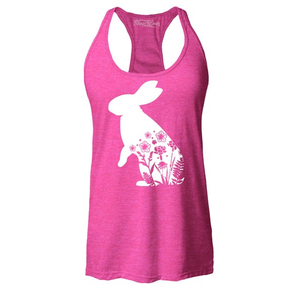 Shop4Ever Women's Easter Bunny Rabbit with Spring Flowers  Racerback Tank Top Small Fuchsia