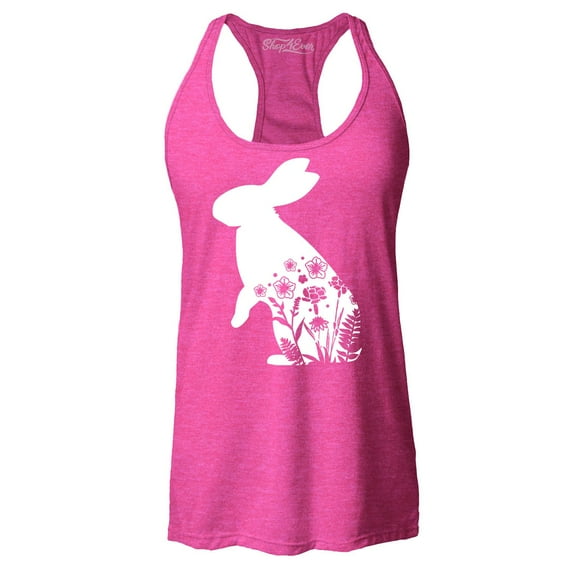 Shop4Ever Women's Easter Bunny Rabbit with Spring Flowers Racerback Tank Top X-Small Fuchsia