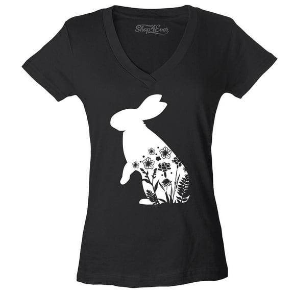 Shop4Ever Women's Easter Bunny Rabbit with Spring Flowers  Slim Fit V-Neck T-Shirt XX-Large Black