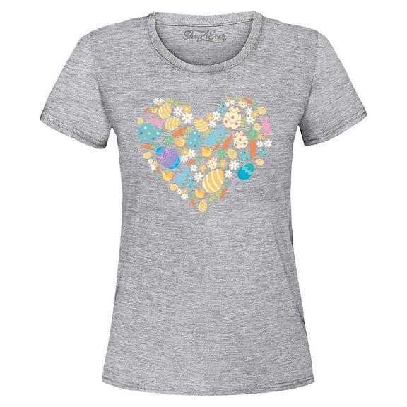 Shop4Ever Women's Easter Heart Bunny Carrot Daisy Spring Cluster Graphic T-Shirt Large Sports Grey