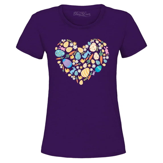 Shop4Ever Women's Easter Heart Bunny Carrot Daisy Spring Cluster Graphic T-Shirt XX-Large Purple
