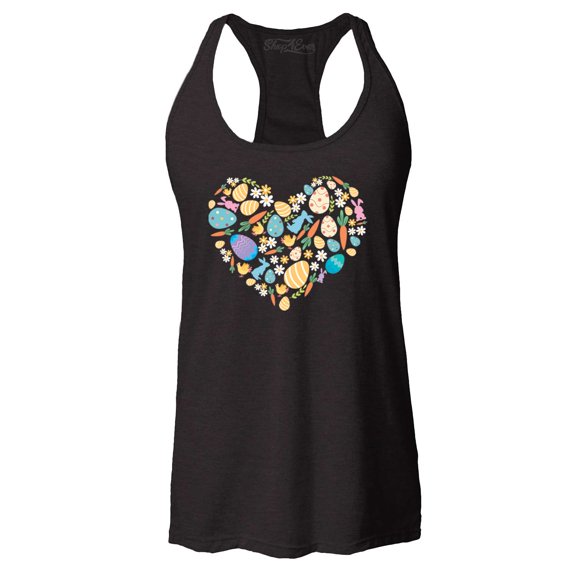 Shop4Ever Women's Easter Heart Bunny Carrot Daisy Spring Cluster Racerback Tank Top Large Black