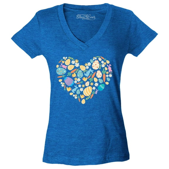Shop4Ever Women's Easter Heart Bunny Carrot Daisy Spring Cluster Slim Fit V-Neck T-Shirt Large Heather Royal Blue