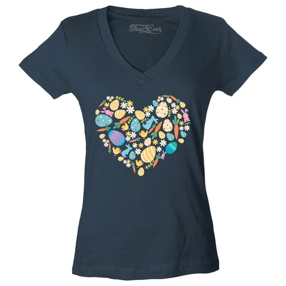 Shop4Ever Women's Easter Heart Bunny Carrot Daisy Spring Cluster Slim Fit V-Neck T-Shirt Medium Charcoal