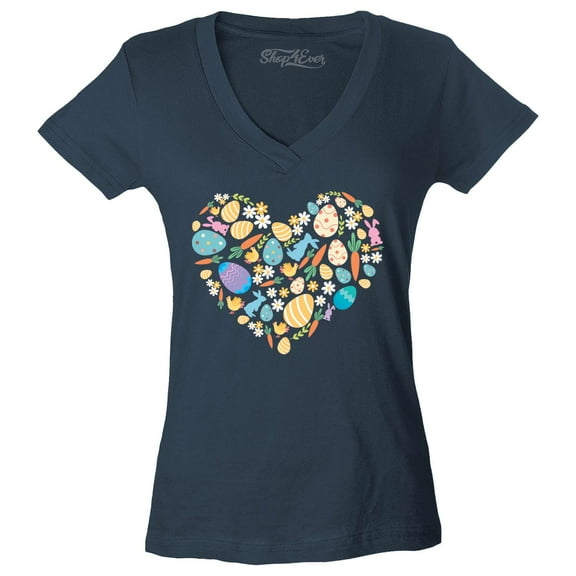 Shop4Ever Women's Easter Heart Bunny Carrot Daisy Spring Cluster Slim Fit V-Neck T-Shirt Medium Charcoal