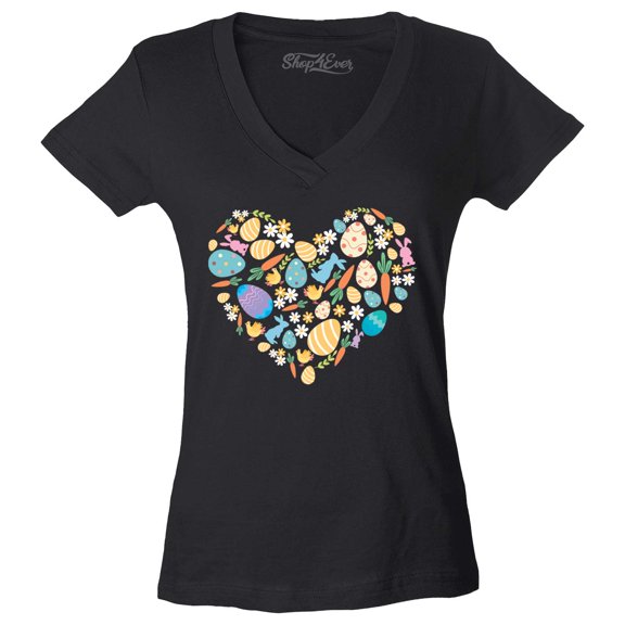 Shop4Ever Women's Easter Heart Bunny Carrot Daisy Spring Cluster Slim Fit V-Neck T-Shirt X-Small Black