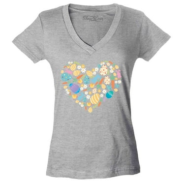 Shop4Ever Women's Easter Heart Bunny Carrot Daisy Spring Cluster Slim Fit V-Neck T-Shirt X-Small Sports Grey