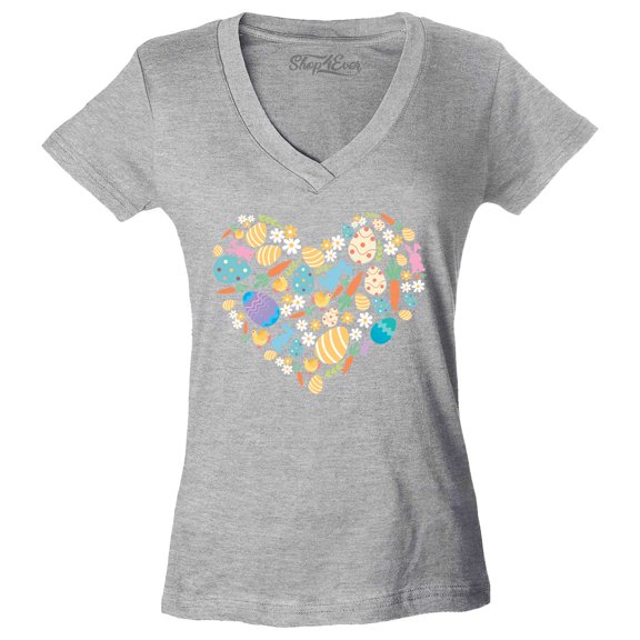 Shop4Ever Women's Easter Heart Bunny Carrot Daisy Spring Cluster Slim Fit V-Neck T-Shirt X-Small Sports Grey