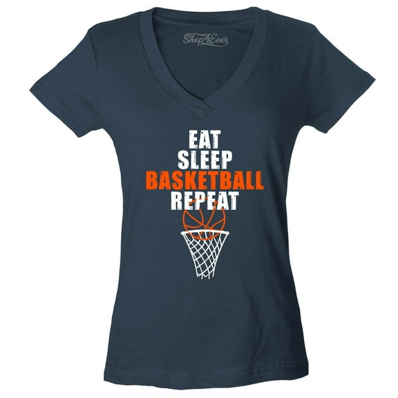 Shop4Ever Women's Eat Sleep Basketball Repeat Slim Fit V-Neck T-Shirt Large Charcoal