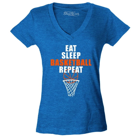 Shop4Ever Women's Eat Sleep Basketball Repeat Slim Fit V-Neck T-Shirt Large Heather Royal Blue