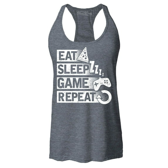 Shop4Ever Women's Eat Sleep Game Repeat Racerback Tank Top Small Charcoal