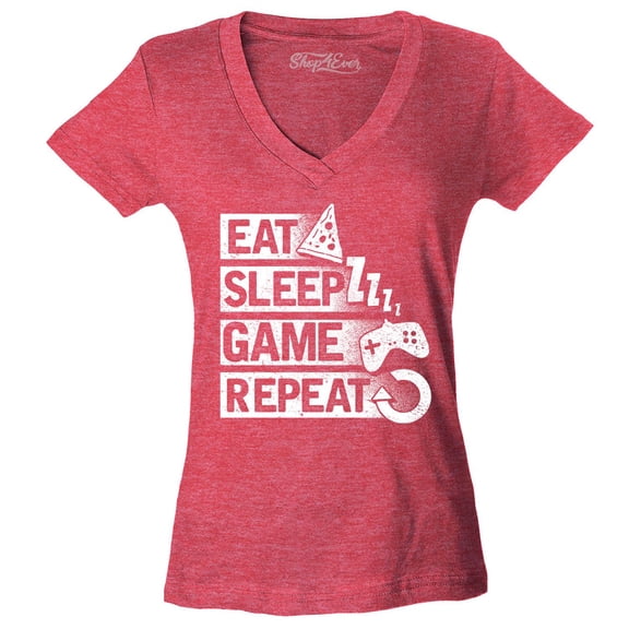 Shop4Ever Women's Eat Sleep Game Repeat Slim Fit V-Neck T-Shirt Large Heather Red