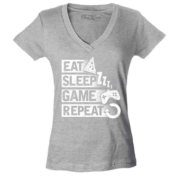 Shop4Ever Women's Eat Sleep Game Repeat Slim Fit V-Neck T-Shirt XX-Large Sports Grey