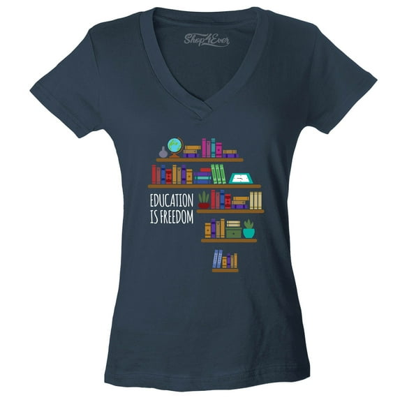 Shop4Ever Women's Education is Freedom African History Books Slim Fit V-Neck T-Shirt X-Small Charcoal
