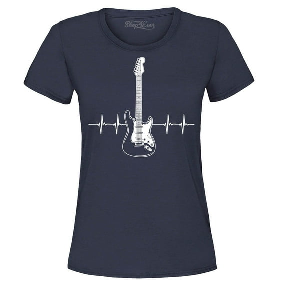 Shop4Ever Women's Electric Guitar Heartbeat Musician Graphic T-Shirt Large Navy