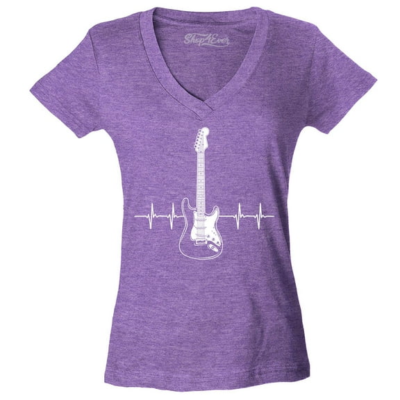 Shop4Ever Women's Electric Guitar Heartbeat Musician Slim Fit V-Neck T-Shirt Medium Heather Purple