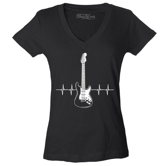 Shop4Ever Women's Electric Guitar Heartbeat Musician Slim Fit V-Neck T-Shirt X-Small Black