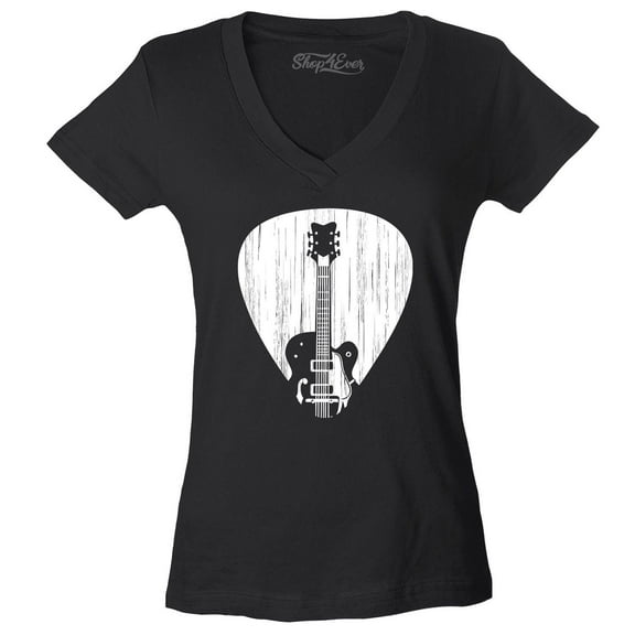 Shop4Ever Women's Electric Guitar Pick Musician Slim Fit V-Neck T-Shirt Medium Black