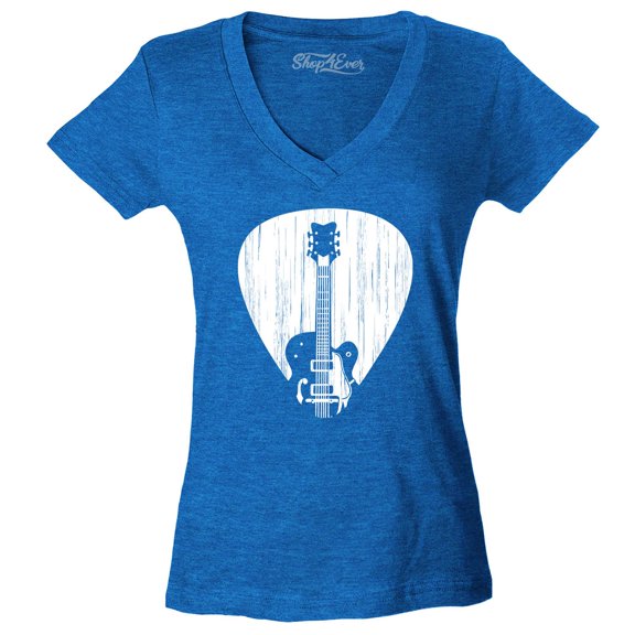 Shop4Ever Women's Electric Guitar Pick Musician Slim Fit V-Neck T-Shirt X-Large Heather Royal Blue