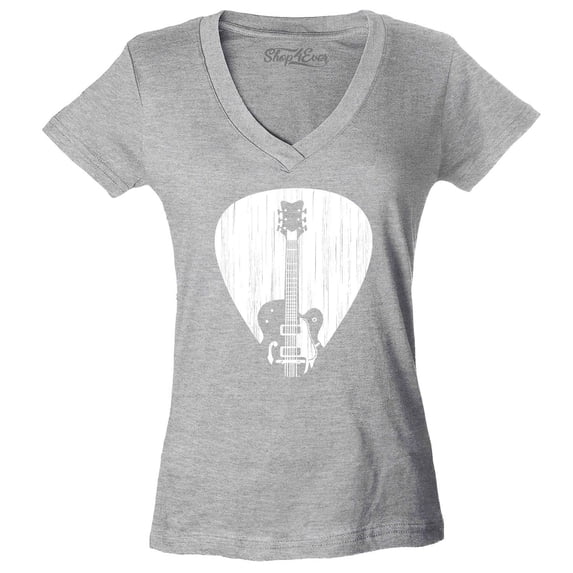 Shop4Ever Women's Electric Guitar Pick Musician Slim Fit V-Neck T-Shirt X-Small Sports Grey