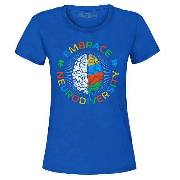 Shop4Ever Women's Embrace Neurodiversity Brain Autism Spectrum ADS Graphic T-Shirt Large Royal Blue