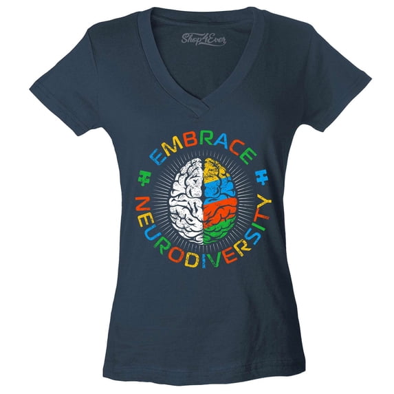 Shop4Ever Women's Embrace Neurodiversity Brain Autism Spectrum ADS Slim Fit V-Neck T-Shirt Large Charcoal