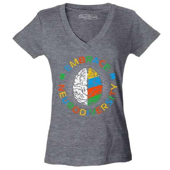 Shop4Ever Women's Embrace Neurodiversity Brain Autism Spectrum ADS Slim Fit V-Neck T-Shirt Medium Heather Charcoal