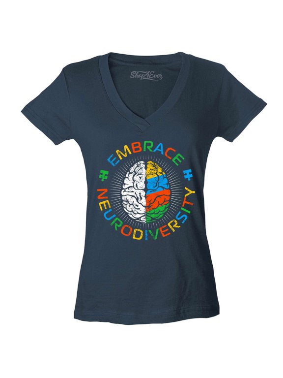 Women's Embrace Neurodiversity Brain Autism Spectrum ADS Slim Fit V-Neck T-Shirt Small Charcoal