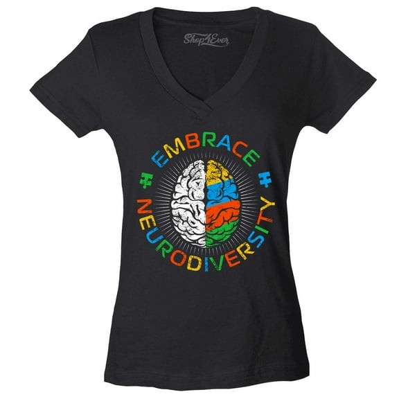 Shop4Ever Women's Embrace Neurodiversity Brain Autism Spectrum ADS Slim Fit V-Neck T-Shirt X-Large Black