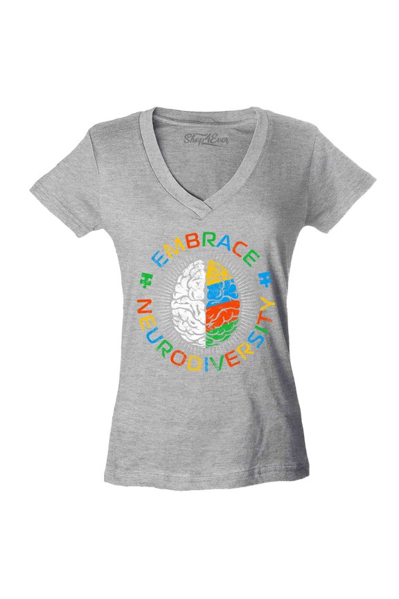Women's Embrace Neurodiversity Brain Autism Spectrum ADS Slim Fit V-Neck T-Shirt X-Large Sports Grey