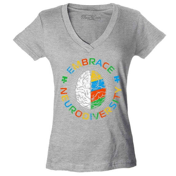 Shop4Ever Women's Embrace Neurodiversity Brain Autism Spectrum ADS Slim Fit V-Neck T-Shirt XX-Large Sports Grey