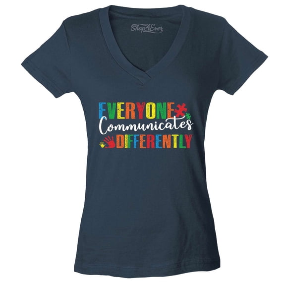 Shop4Ever Women's Everyone Communicates Differently Autism Slim Fit V-Neck T-Shirt X-Large Charcoal