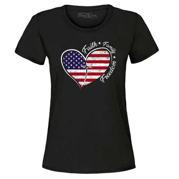 Shop4Ever Women's Faith Family Freedom American Flag Heart USA Graphic T-Shirt Small Black