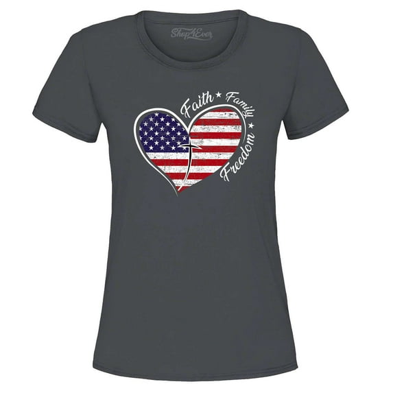 Shop4Ever Women's Faith Family Freedom American Flag Heart USA Graphic T-Shirt X-Large Charcoal