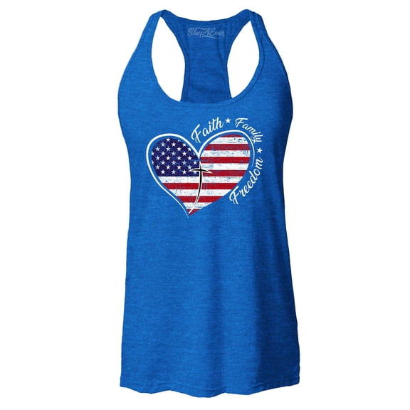 Shop4Ever Women's Faith Family Freedom American Flag Heart USA Racerback Tank Top Small Royal Blue
