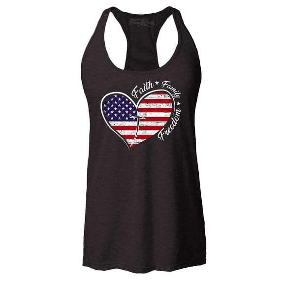 Shop4Ever Women's Faith Family Freedom American Flag Heart USA Racerback Tank Top X-Large Black