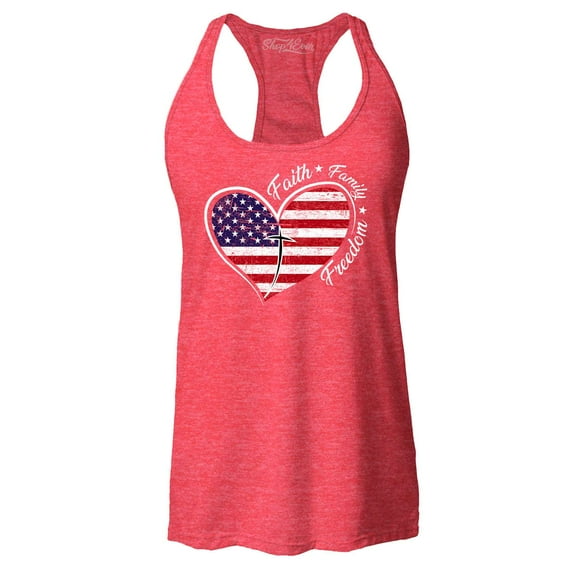Shop4Ever Women's Faith Family Freedom American Flag Heart USA Racerback Tank Top X-Large Red