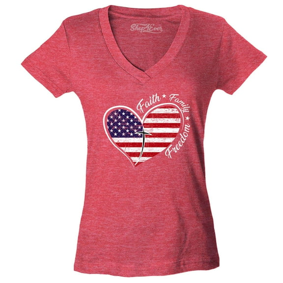 Shop4Ever Women's Faith Family Freedom American Flag Heart USA Slim Fit V-Neck T-Shirt X-Large Heather Red