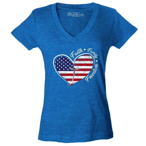 Shop4Ever Women's Faith Family Freedom American Flag Heart USA Slim Fit V-Neck T-Shirt XX-Large Heather Royal Blue