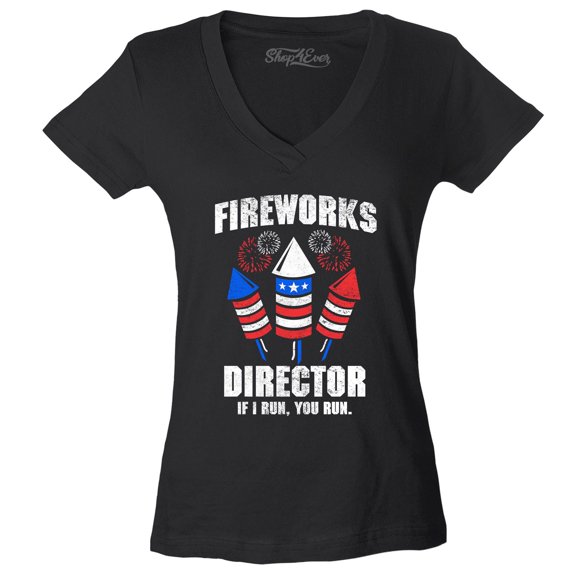 Shop4Ever Women's Fireworks Director 4th of July Slim Fit V-Neck T-Shirt X-Large Black