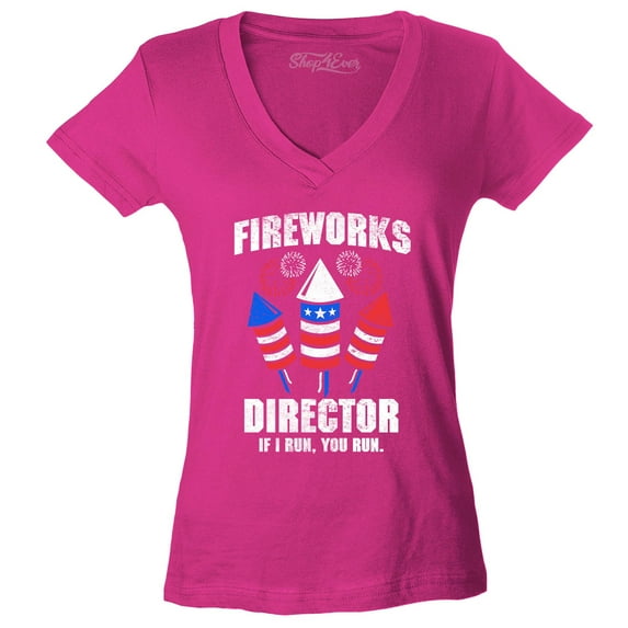 Shop4Ever Women's Fireworks Director 4th of July Slim Fit V-Neck T-Shirt X-Large Pink
