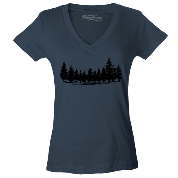 Shop4Ever Women's Forest Trees Nature Mountains Wildlife Slim Fit V-Neck T-Shirt Large Charcoal