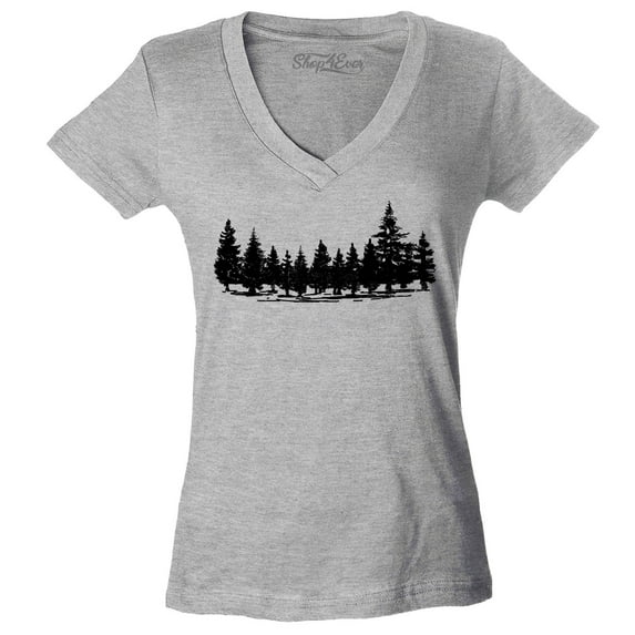 Shop4Ever Women's Forest Trees Nature Mountains Wildlife Slim Fit V-Neck T-Shirt Large Sports Grey