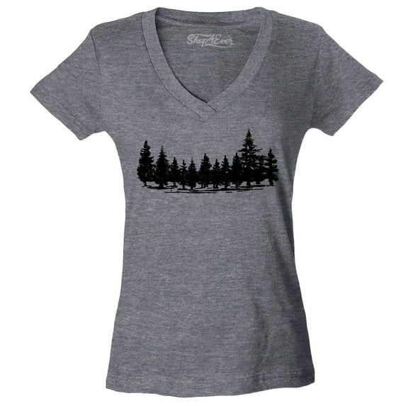 Shop4Ever Women's Forest Trees Nature Mountains Wildlife Slim Fit V-Neck T-Shirt Medium Heather Charcoal