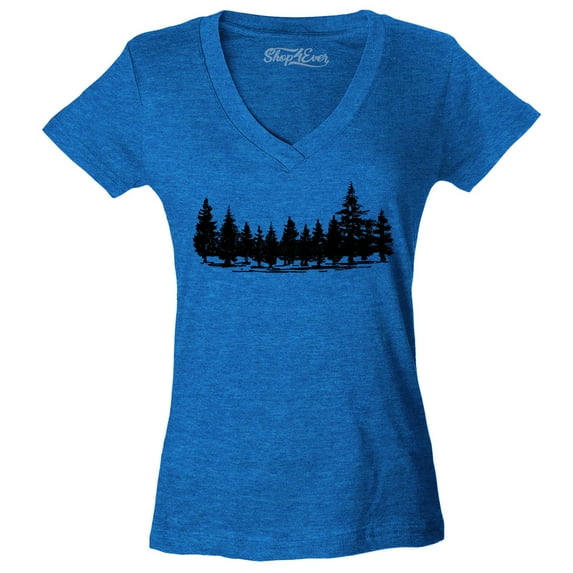 Shop4Ever Women's Forest Trees Nature Mountains Wildlife Slim Fit V-Neck T-Shirt X-Large Heather Royal Blue