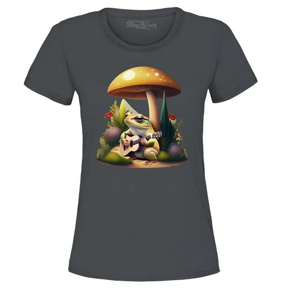 Shop4Ever Women's Frog Playing Guitar Mushroom Cottagecore Graphic T-Shirt Large Charcoal
