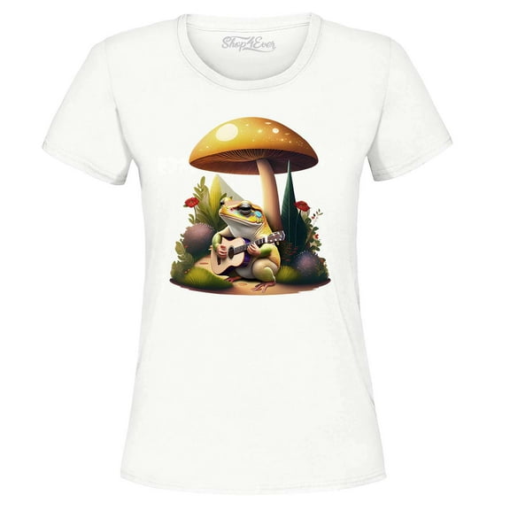 Shop4Ever Women's Frog Playing Guitar Mushroom Cottagecore Graphic T-Shirt Medium White